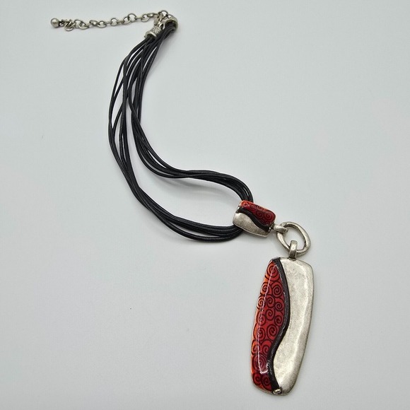 Chicos Red and Silver Pendant Necklace Spiral Pattern - Picture 2 of 9